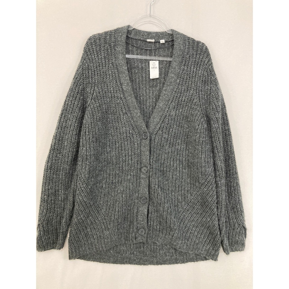 New GAP Cardigan Large Gray Chunky Ribbed Knit Button Front Wool Blend Neutral